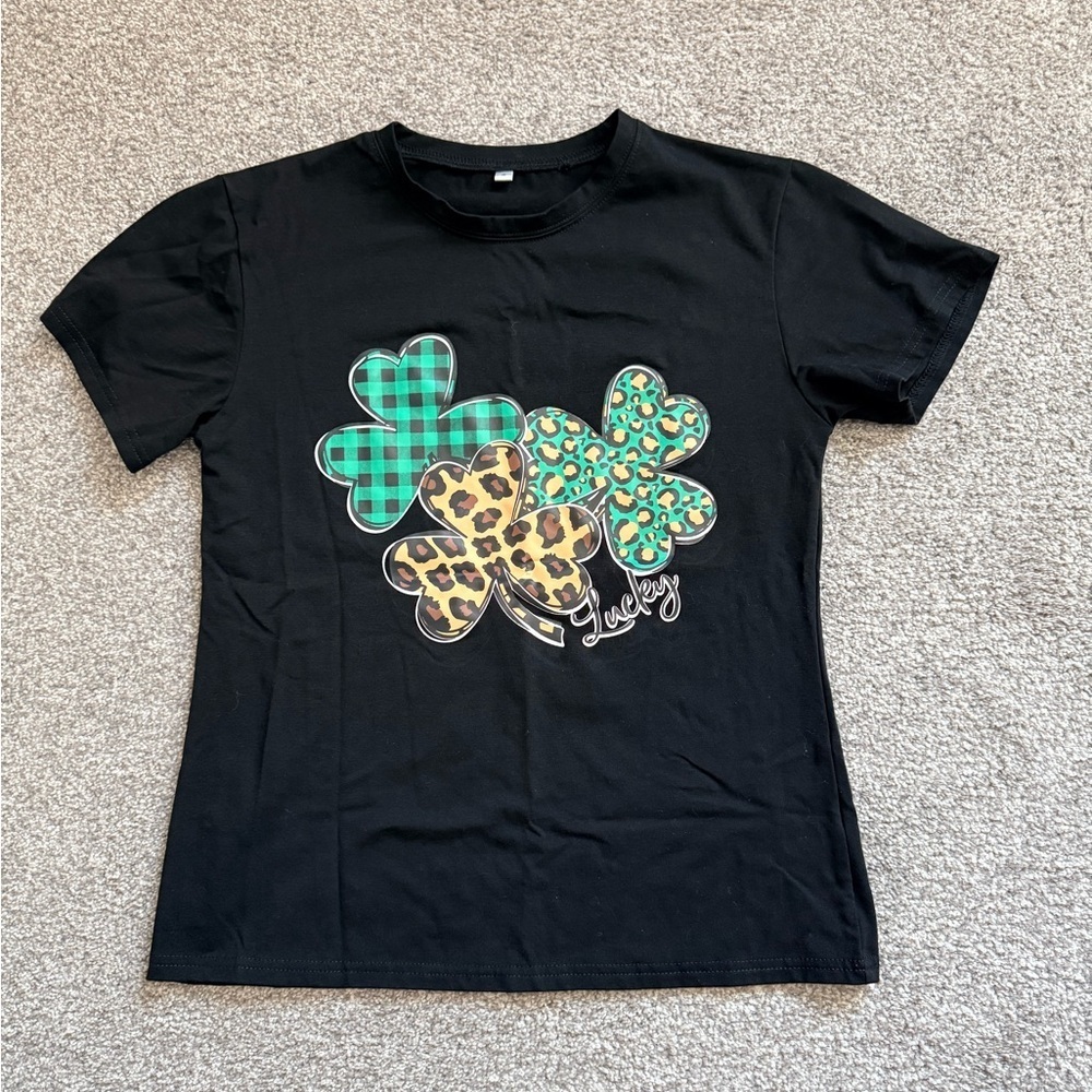 SHEIN St. Patrick’s Day Black Tee with Plaid and Leopard Shamrocks